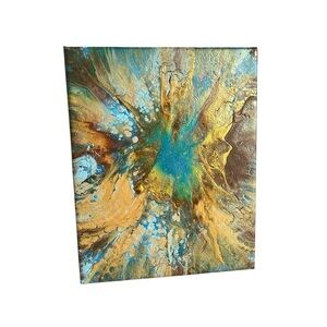 Abstract Gold and Metallic Blue Canvas Art Fluid Painting 8”x10”